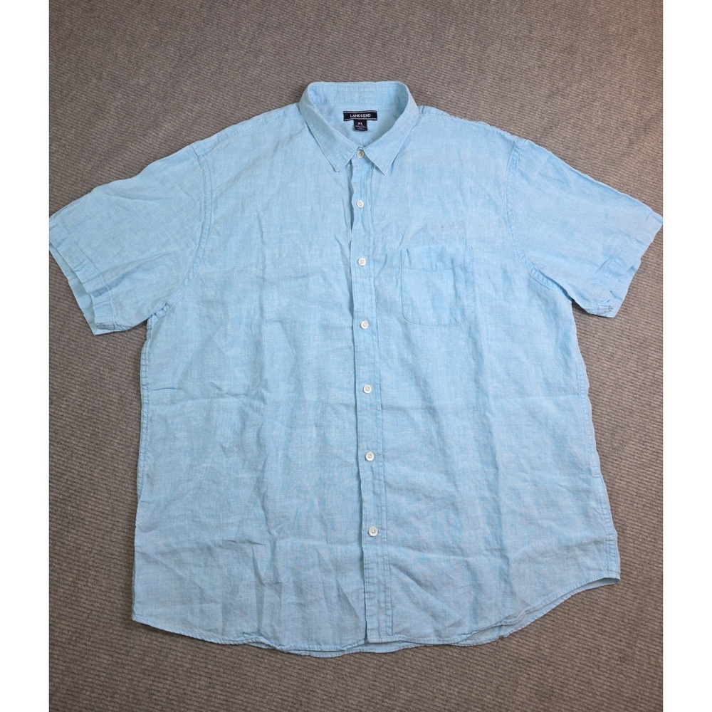 Lands End 100% Linen Button Up Shirt Mens XL Blue Cool Breathable Preppy Resort